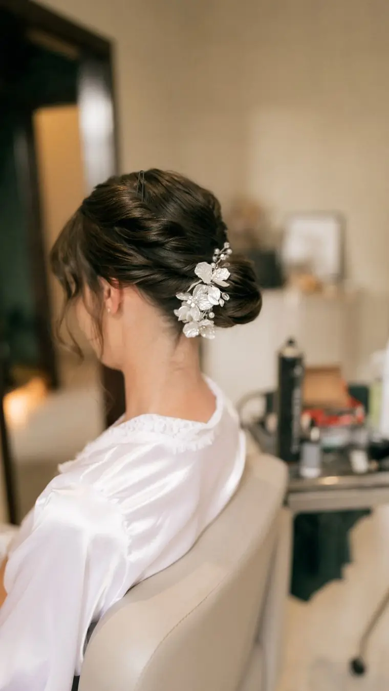 A bride in a white satin robe, seen from behind, her dark hair in a soft low bun with a pearl and flower pin